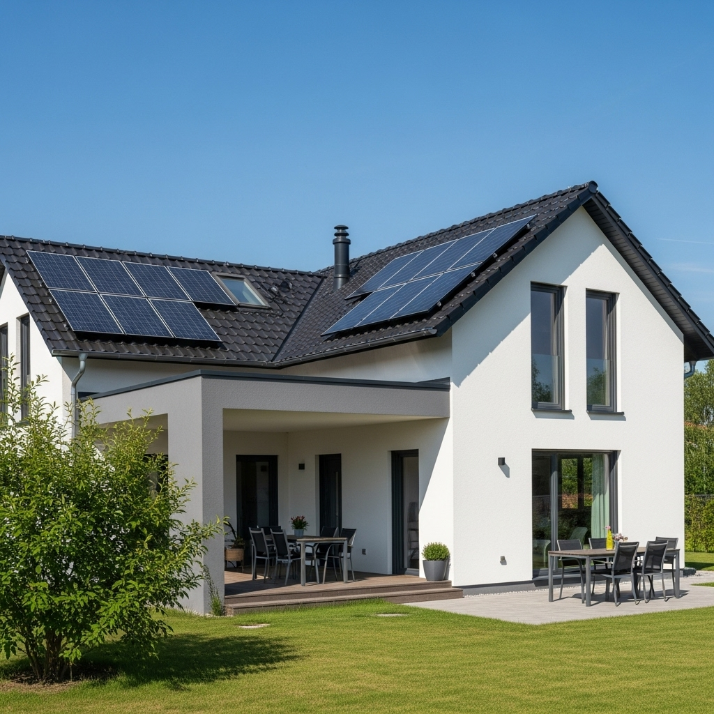Maison moderne avec panneaux solaires sur le toit